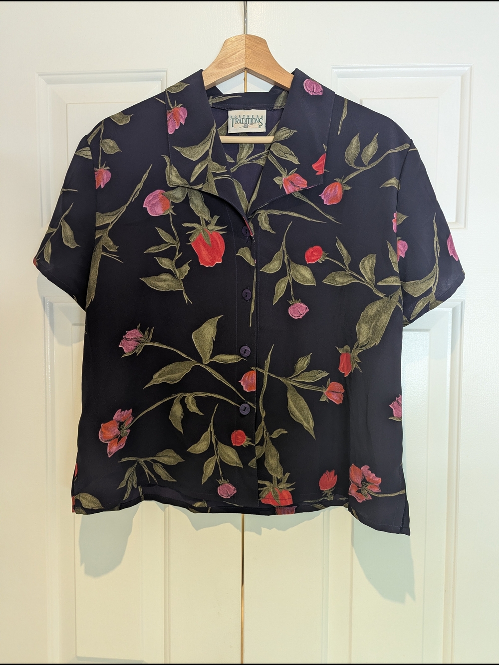 Vintage Northern Traditions Navy Short-Sleeve Floral Button Front Blouse Shirt L